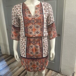 Renee C. Long Sleeve Dress - Orange and Blue Pattern